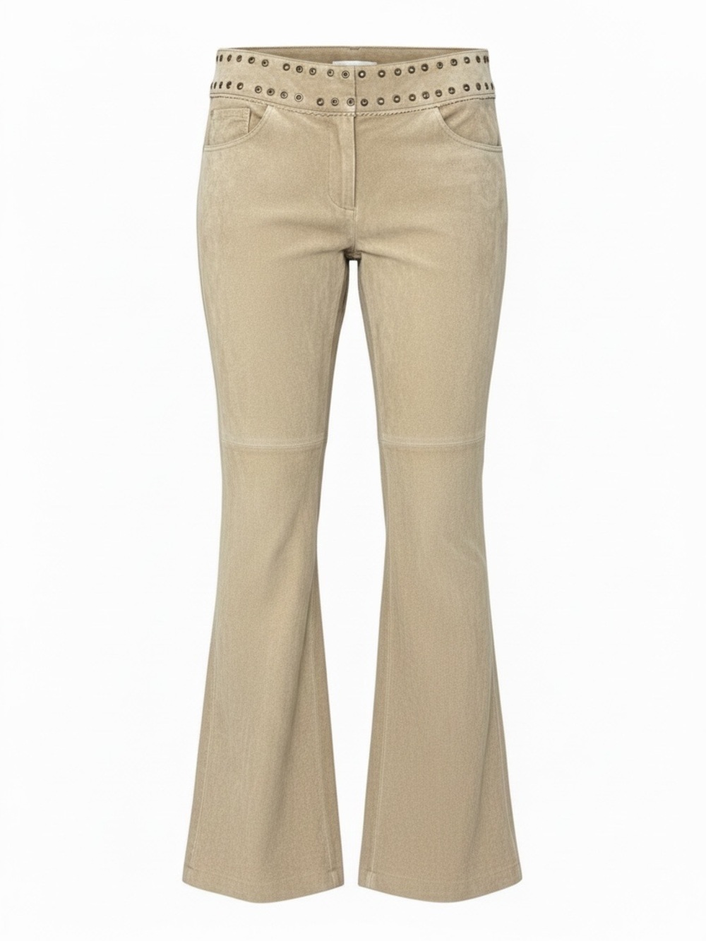 Caché Beige Suede Leather Flare Pants Size 4 Vintage Studded Boho
